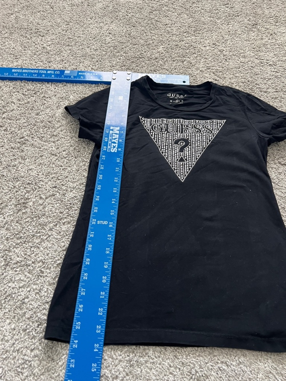 GUESS Women’s Black Short Sleeve Tee with Rhinestone Triangle Logo - Size M - Picture 4 of 7